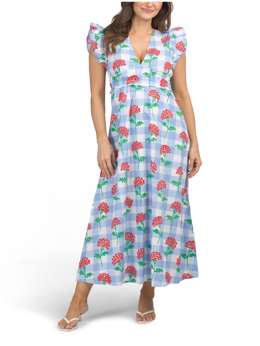 SAIL TO SABLE GINGHAM FLORAL WITH FLUTTER SLEEVE V-NECK MAXI DRESS SIZE M NWT